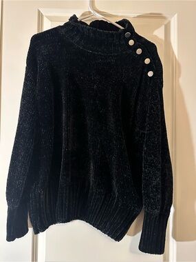 Black Chenille Button-Shoulder Sweater